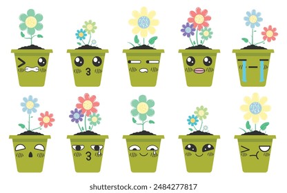 Set of cute expressive flower pots with cute emoticon faces. Vector illustration isolated on white background