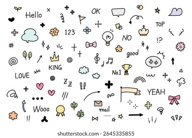 Um conjunto de materiais vetoriais bonitos e expressivos desenhados à mão, incluindo setas, corações, brilho, coroas, bandeiras e letras. Perfeito para quadrinhos, materiais de apresentação, postagens SNS, produção de design
