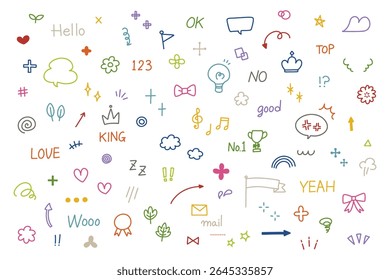 A set of cute and expressive hand-drawn doodle vector materials, including arrows, hearts, glitter, crowns, flags, and letters. Perfect for comics, presentation materials, SNS posts, design production