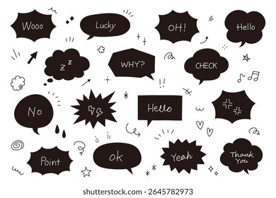A set of cute and expressive hand-drawn doodle vector elements, including arrows, hearts, flowers, stars, glitter, and speech bubbles.