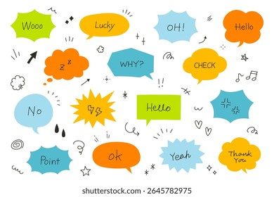 A set of cute and expressive hand-drawn doodle vector elements, including arrows, hearts, flowers, stars, glitter, and speech bubbles.