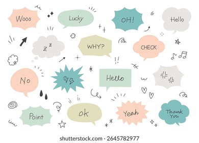 A set of cute and expressive hand-drawn doodle vector elements, including arrows, hearts, flowers, stars, glitter, and speech bubbles.