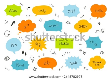 A set of cute and expressive hand-drawn doodle vector elements, including arrows, hearts, flowers, stars, glitter, and speech bubbles.