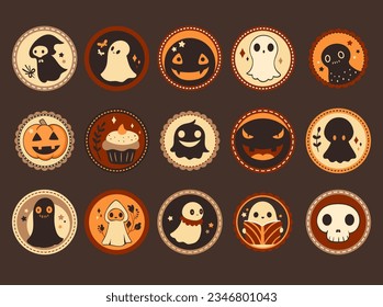 Set of cute eye-catching rounded Halloween stickers . Halloween collection of cartoon stickers with little ghost, pumpkin, grim reaper, monsters. Vector illustration EPS8