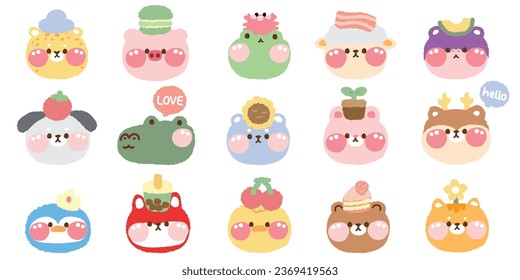 Set of cute face animals hair doll pastel with various object on head.Cartoon character design collection.Reptile,wild,rodent,farm,bird,pet animal.Baby toy.Kawaii.Vector.Illustration.