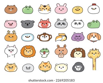 Conjunto de lindos animales faciales dibujados a mano en fondo blanco. Zoológico. Salvaje, granja, mascota, cabeza de ave, colección dibujada a mano por animales. Aislado.Kawaii.Vector.Ilustración.