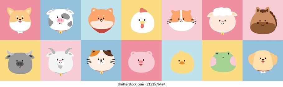 Set of cute face animals on colorful background.Dog,cow,hen,rat,sheep,horse,goat,pig,chicken,frog,buffalo cartoon.Zoo collection.Kawaii.Vector.Illustration.