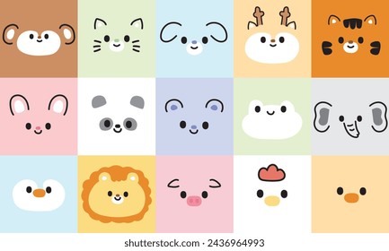 Set of cute face animals on pastel frame background.Cartoon character design.Wild,pet,farm,rodent,reptile head animal.Kawaii.Vector.Illustration.