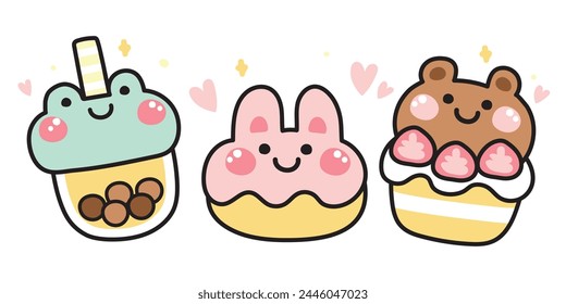 Set of cute face animals on sweet dessert and beverage cartoon.Bubble milk tea.Donut.Strawberry cake.Frog,rabbit,teddy bear hand drawn collection.Kawaii.Vector.Illustration. 