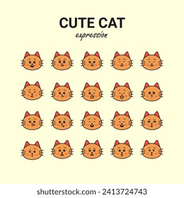 Set of Cute Face Cat Expression Stroke or Line art with solid colour Icon isolated on Light background, Editable Vector Icon, High Quality Vector Icon