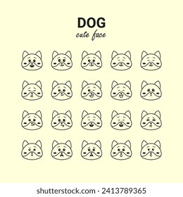 Set of Cute Face Dog Expression or Emoticon or Emotion Stroke or Line Art Icon isolated on Light background, Editable Vector Icon, High Quality Vector Icon