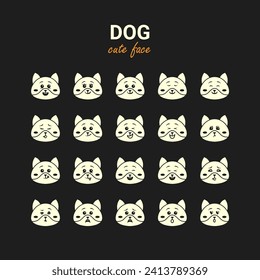 Set of Cute Face Dog Expression or Emoticon or Emotion Solid Icon isolated on Dark background, Editable Vector Icon, High Quality Vector Icon