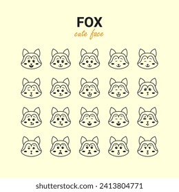 Set of Cute Face Fox Expression or Emoticon or Emotion Stroke or Line Art Icon isolated on Light background, Editable Vector Icon, High Quality Vector Ico