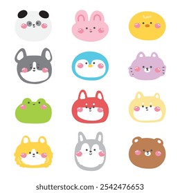 Conjunto de lindos animales de la cabeza de la cara en estilo pastel y doodle. Salvaje, mascota, pájaro, granja, roedor, reptil dibujado a mano. Diseño de dibujos animados de personajes de animales. Kawaii. Vector. Ilustración.