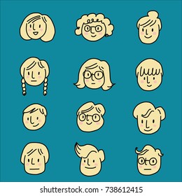 Set of cute face icons for using as avatar or profile pictures in social network sites. Doodled face icons on colored background. Vector illustration with hand-drawn style.