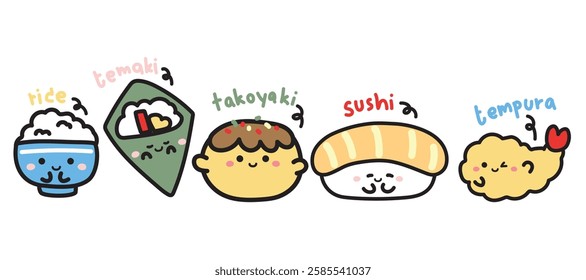 Set of cute face various japanese food with name.Rice,sushi,salmon,tempura hand drawn.Character cartoon design.Kawaii.Vector.Illustration