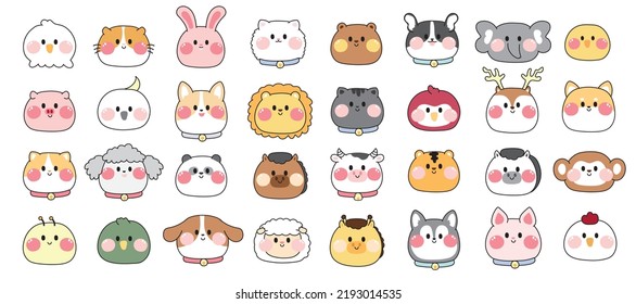 Set of cute face wild animal and pet cartoon hand drawn.Animals character design.Kid graphic.Image for card,poster,sticker,baby clothing.Kawaii.Vector.Illustration.