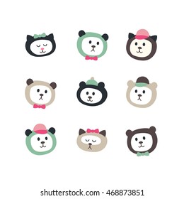 Set of cute faces bears and cats. Childish flat cartoon characters in vector. Fun clip art collection