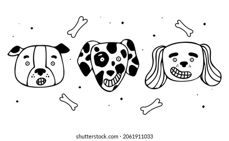 Set of cute faces of different dogs. Vector illustration in doodle style.