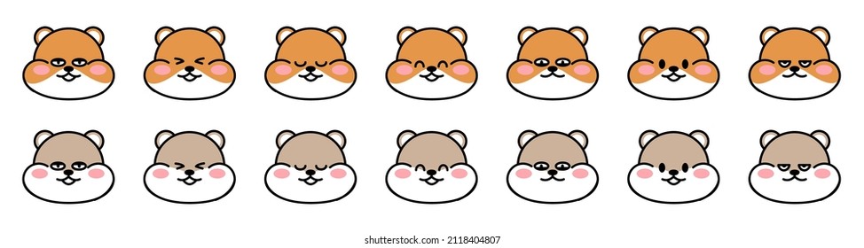 Set of cute faces drawn hamsters. Kawaii hamster with different facial expressions. Collection of avatars mascots funny character animal stickers isolated on white. Vector stock illustration.