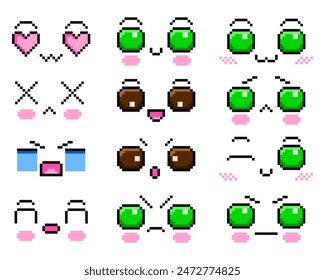 Set of cute faces. Kawaii emotions pixel art. Game development, mobile application. Vector illustration