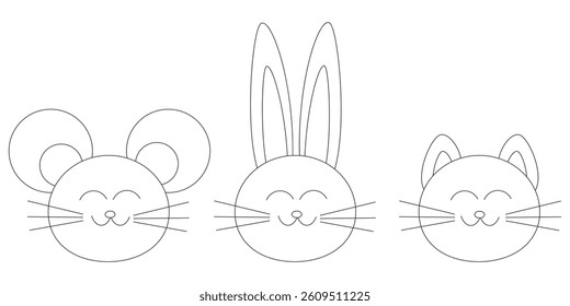 Set of cute faces mouse, bunny and cat. Black and white. Cartoon vector illustration for coloring book, print, decoration.