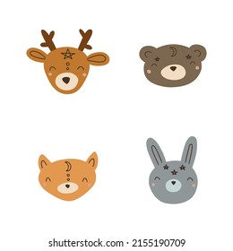 Está decorado con rostros bonitos de animales escandinavos para textiles, decoración de vivero. Ilustración del vector aislada en fondo blanco