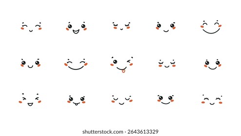 Set of Cute Facial Expressions in Kawaii Style Vector Doodles illustration