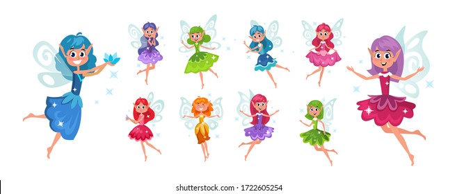 Set of cute fairies with bright colourful hair vector illustration. Flying creatures with beautiful wings and sparkles. Elf princesses in flat style on white background. Magic concept