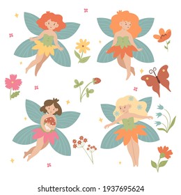 Set of cute fairies isolated on white background. Vector graphics.