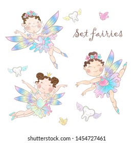 Set of cute fairies. Tooth fairy. Vector illustration.