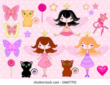 Set of cute fairy princess girls, cats and objects