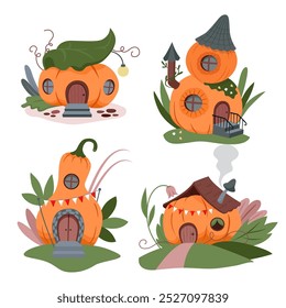 Set of cute fairy pumpkin houses. Halloween fantasy pumpkin decor. Autumn vector illustrations in cartoon style.