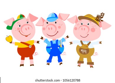 Set of cute fairy tale characters isolated on white. The three little pigs.  Illustration for children. Cartoon character.