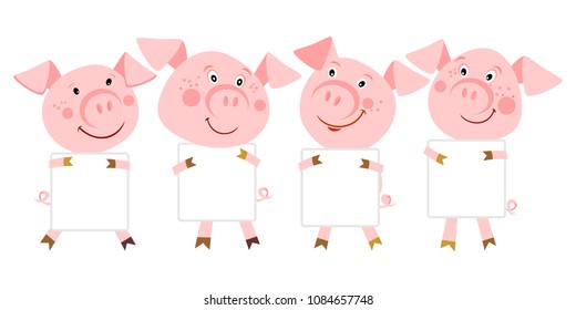Set of cute fairy tale characters isolated on white. The three little pigs. Illustration for children. Cartoon character.  Place for your text.