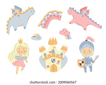 Conjunto de adorables elementos de cuento de hadas para la fiesta de los niños. cumpleaños, textil, diseño de libros. Princesa, castillo, caballero, lindos dragones, arco iris y nubes, ilustración vectorial estilo kawaii
