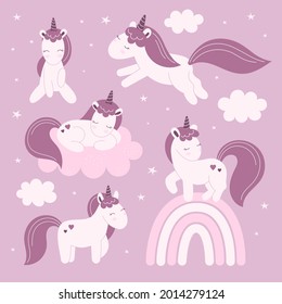 Set with cute fairy unicorns, clouds, stars. Decor for a nursery, posters, packaging, wallpaper, print for clothes. Vector illustration in flat style, child character