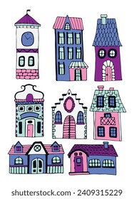 Set of cute fairytale cartoon houses. Building for a small town. Houses isolated on a white background. Vector illustration. Colored flat vector illustration.