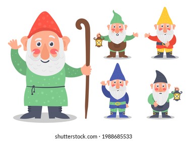 Set of cute fairytale character. Classic Garden gnomes in colorful outfits different situations. Collection cute of garden gnome or dwarfs holding lantern, banner, mushroom, watering can. Vector.