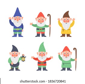 Set of cute fairytale character. Collection cute of garden gnome or dwarfs holding lantern, banner, mushroom, watering can. Classic Garden gnomes in colorful outfits different situations. Vector.