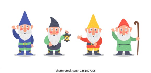 Set of cute fairytale character. Collection cute of garden gnome or dwarfs holding lantern, banner, mushroom, watering can. Classic Garden gnomes in colorful outfits different situations. Vector.