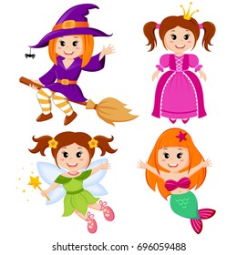  Set of cute fairytale girls. Halloween witch, mermaid, princess and fairy
