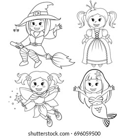 Set of cute fairytale girls. Halloween witch, mermaid, princess and fairy. Black and white vector illustration for coloring book