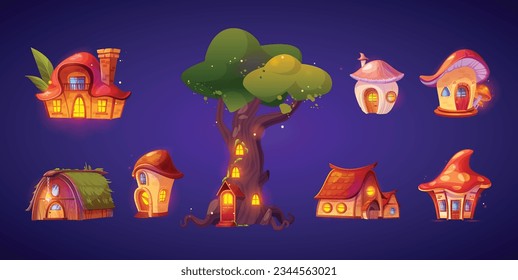 Set of cute fairytale houses at night isolated on background. Vector cartoon illustration of fantasy tree, stone and mushroom huts with wooden door, porch and illuminated windows. Forest dwarf home