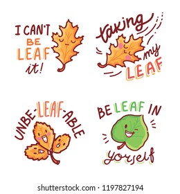Set of cute Fall or Autumn Puns, play on words, quibble illustration with cute characters and lettering text. Vector hand drawn cartoon art for greeting card, poster, banner, invitation