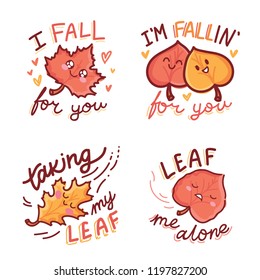 Set of cute Fall or Autumn Puns, play on words, quibble illustration with cute characters and lettering text. Vector hand drawn cartoon art for greeting card, poster, banner, invitation