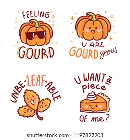 Set of cute Fall or Autumn Puns, play on words, quibble illustration with cute characters and lettering text. Vector hand drawn cartoon art for greeting card, poster, banner, invitation