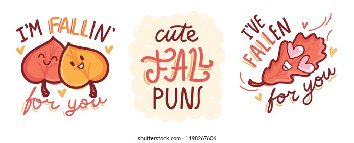 Set of cute Fall Puns, play on words, wordplay, quibble illustration with cute characters and lettering text. Autumnal vector hand drawn cartoon art for greeting card, poster, banner, invitation