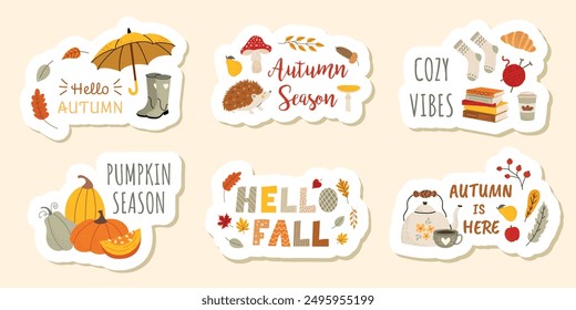 Set cute fall stickers. Autumn phrases with cute and cozy design elements decorative bundle. Umbrella, pumpkins, hedgehog, tea. Isolated background. 