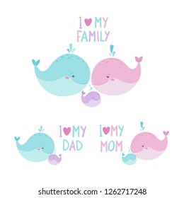 A set of cute family cards with whales. Vector illustration. Lethering. Inscriptions.